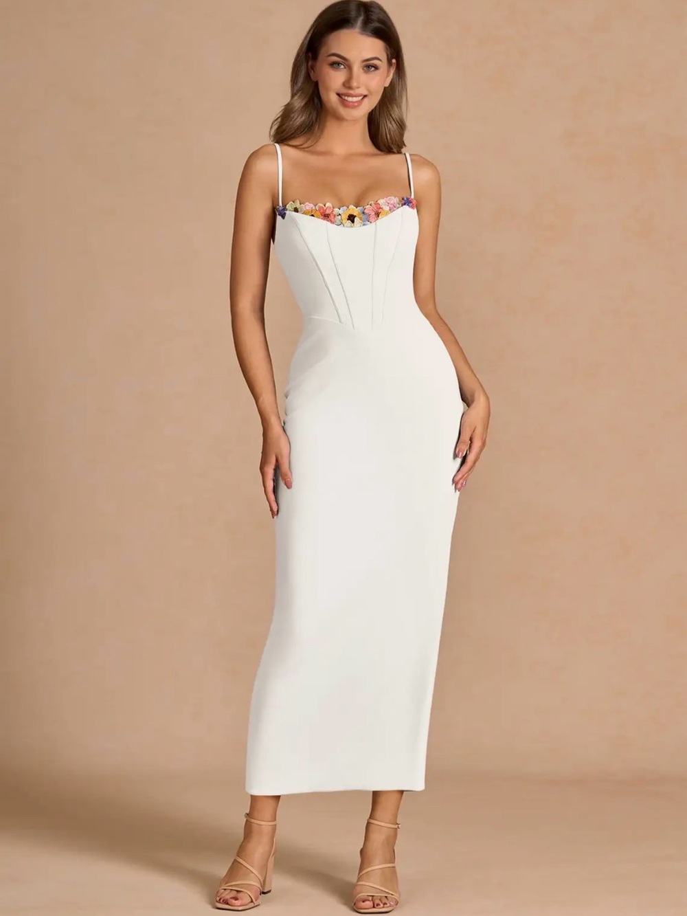 Azazie White Strapless Gown with Multicolor Floral Trim - Picture 4 of 4
